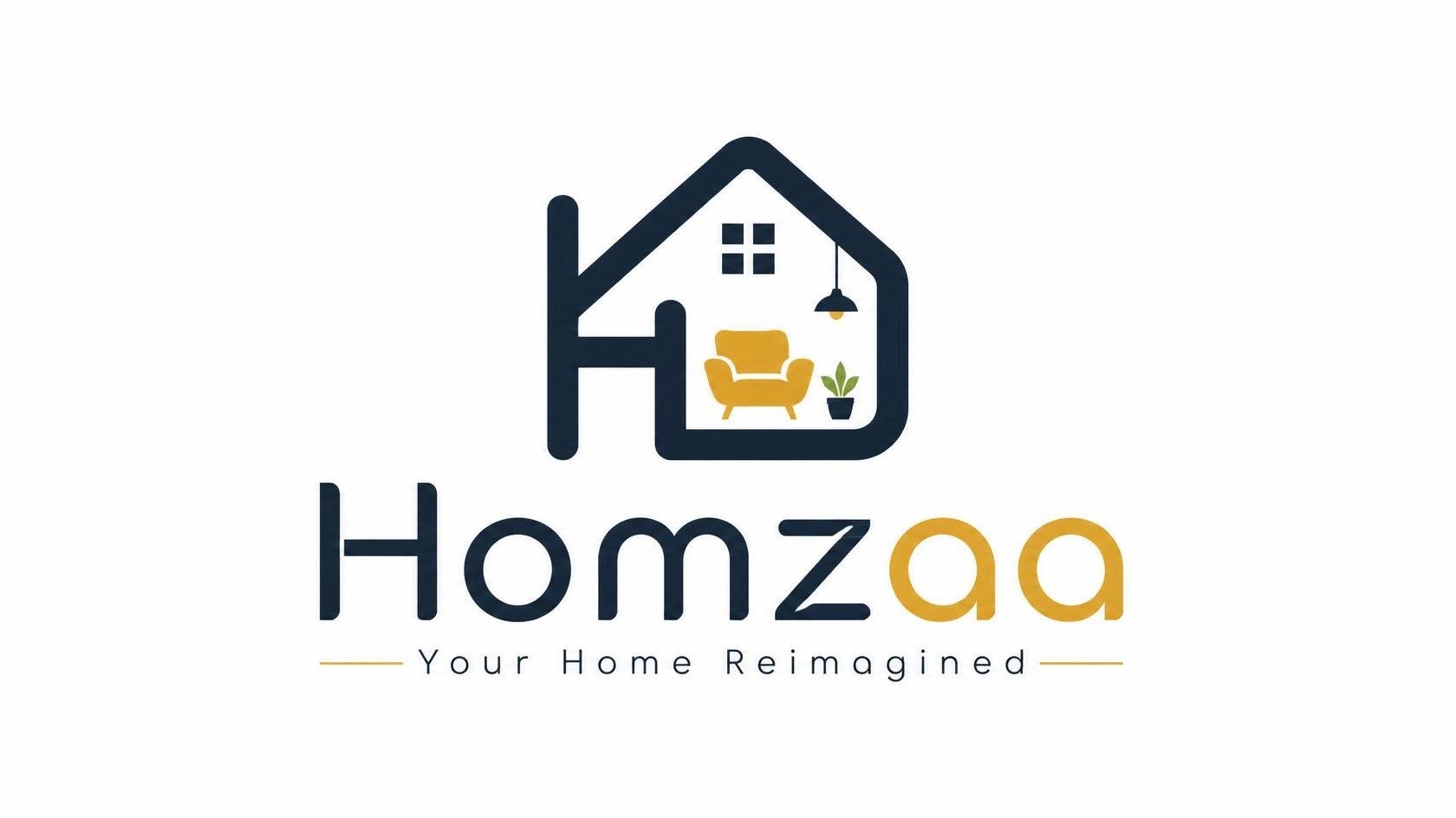 Homzaa logo featuring a modern house icon with a cozy living room, chair, lamp, and plant, representing home and kitchen products.