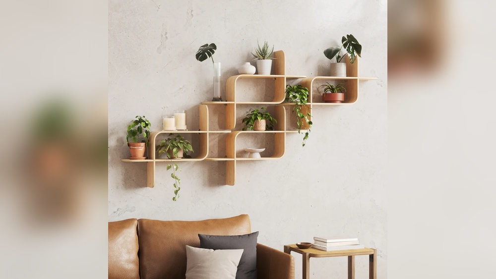 Wooden wave-shaped floating shelves for home organization with plants above leather sofa